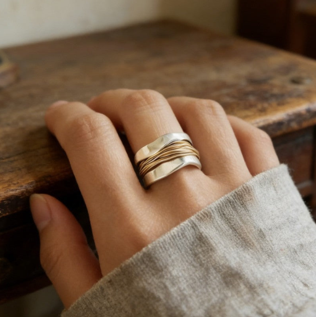 Dúo de tonos – Anillo ondulado en plata y oro