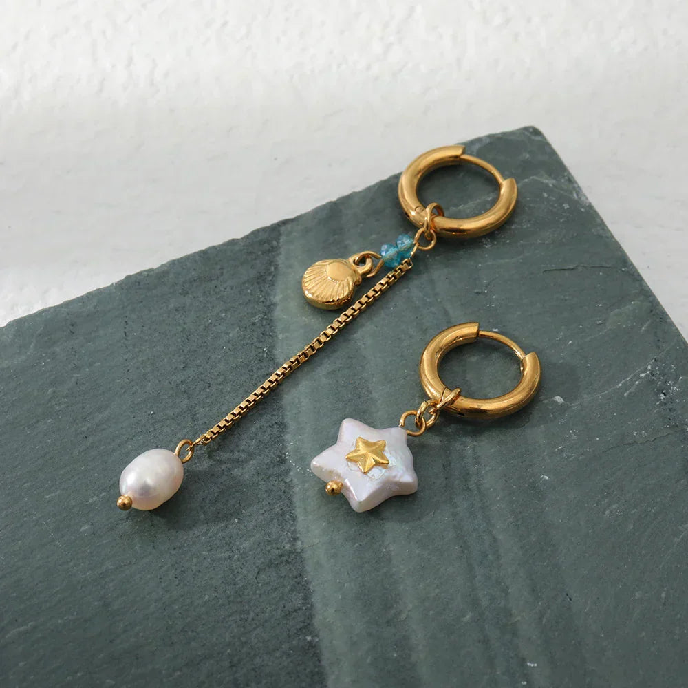 Pendientes de perlas marítimas con colgantes de concha y estrella de mar
