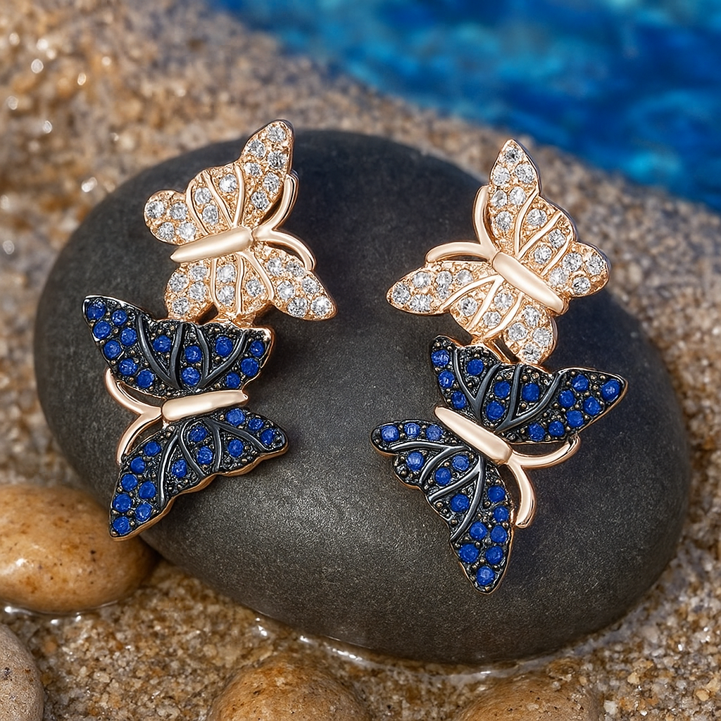 Pendientes de mariposa brillantes con pavé de zafiros y diamantes