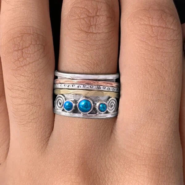 Anillo Vintage Multicapa con Piedras Turquesa