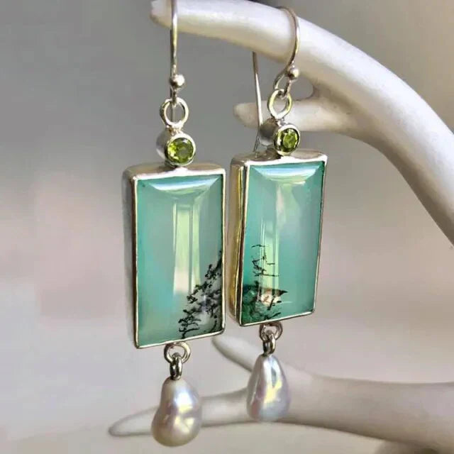 Pendientes colgantes rectangulares de turquesa con peridoto y perlas de agua dulce