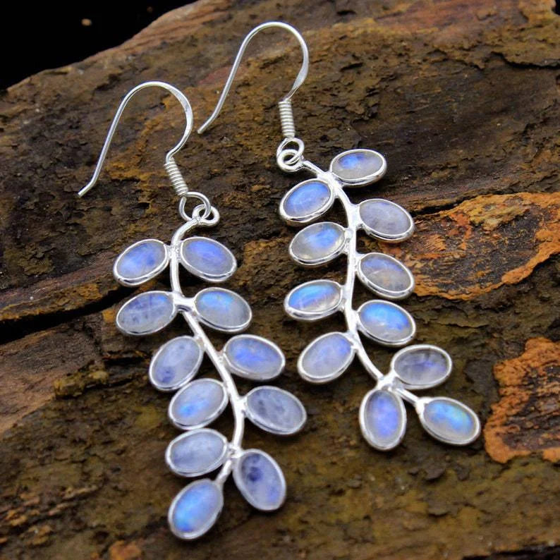 Pendientes colgantes de hojas de piedra lunar azul en estilo vintage