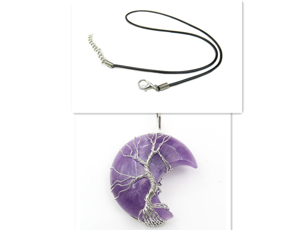 Colgante de piedra curativa del árbol de la vida en forma de luna con cadena