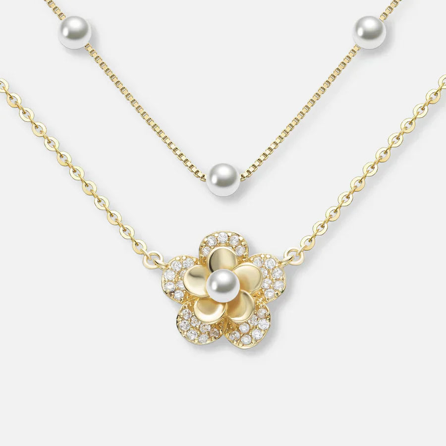 Collar de flores de doble capa con perlas y circonitas brillantes