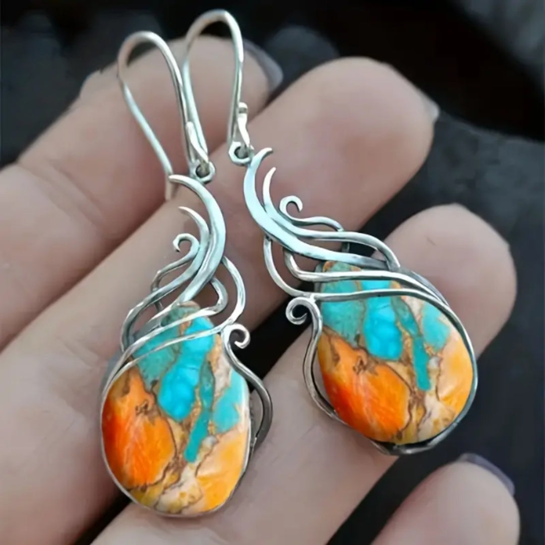 Pendientes colgantes brillantes con Spiny Oyster y piedras turquesas