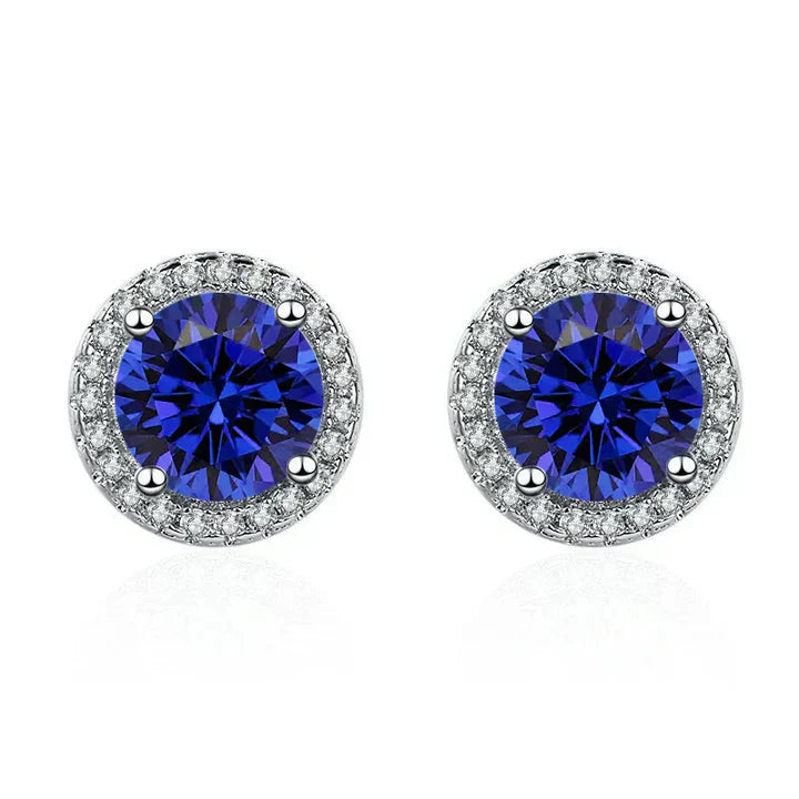 Pendientes con halo de circonita cúbica azul zafiro y cristales