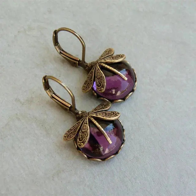 Pendientes de libélula de bronce antiguo con bolas de cristal de colores