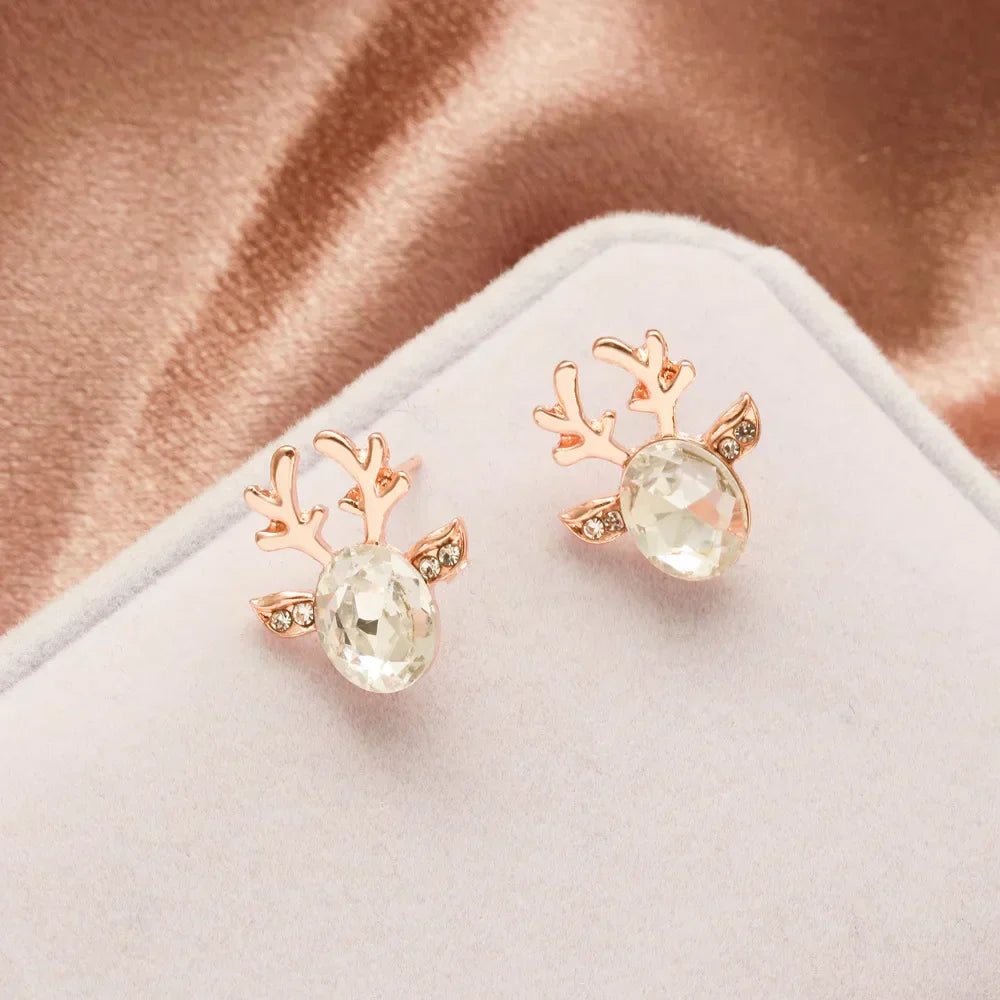 Pendientes festivos con forma de reno con brillantes piedras de cristal ovaladas y purpurina