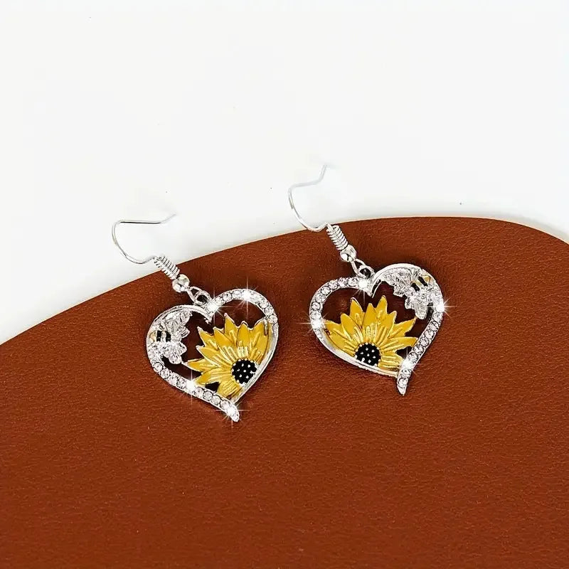 Pendientes boho de corazón de abeja girasol con circonitas brillantes