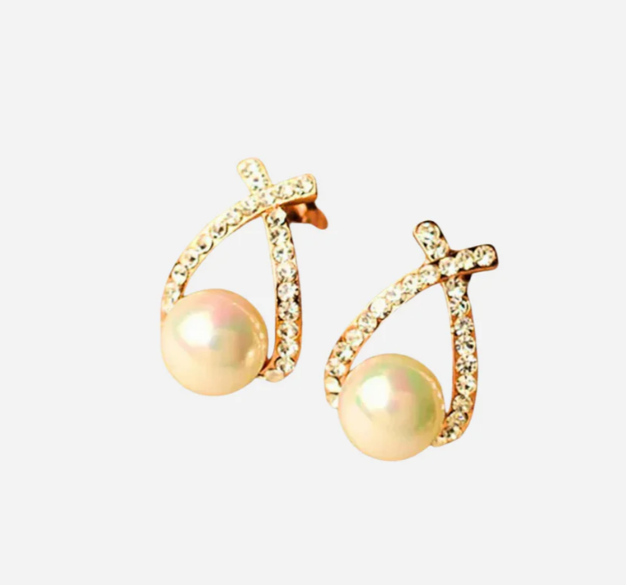 Elegantes pendientes de perlas con brillantes cristales de circonita cúbica para mujer