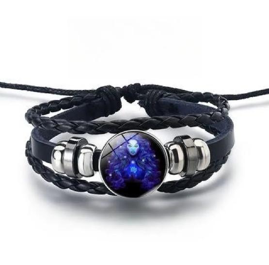 Pulsera de cuero con brillantes signos del zodiaco y detalles en aleación de zinc