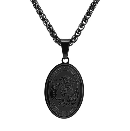 Juego de collar con colgante ovalado de San Miguel Arcángel de acero inoxidable