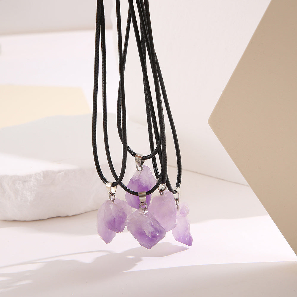 Collar de piedra cruda de amatista natural con cordón de cuero, joyería espiritual