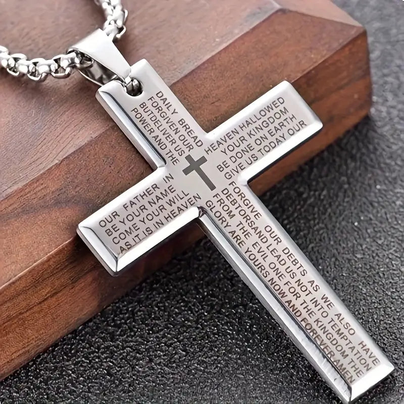 Collar moderno con cruz de acero inoxidable para hombre, grabado de oración