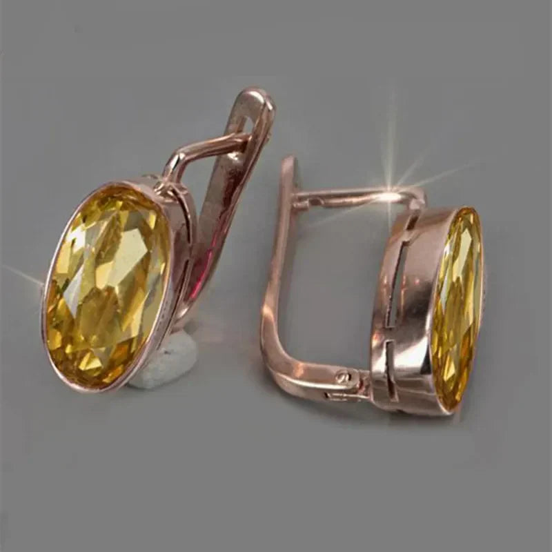 Pendientes ovalados de cristal amarillo con acabado en rosa de estilo vintage