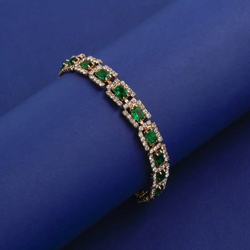 Pulsera glamorosa con circonita verde Esmeralda y cristales brillantes