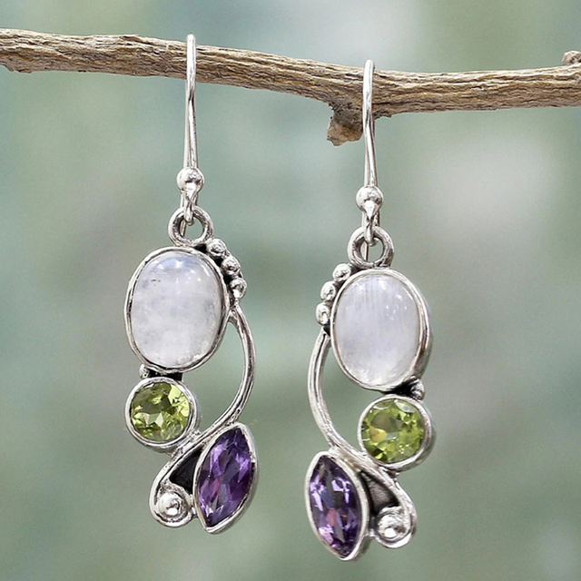 Pendientes con piedra de luna, peridoto y amatista de estilo vintage