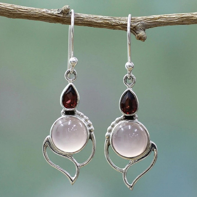 Pendientes vintage de plata con piedras de cuarzo rosa y granates