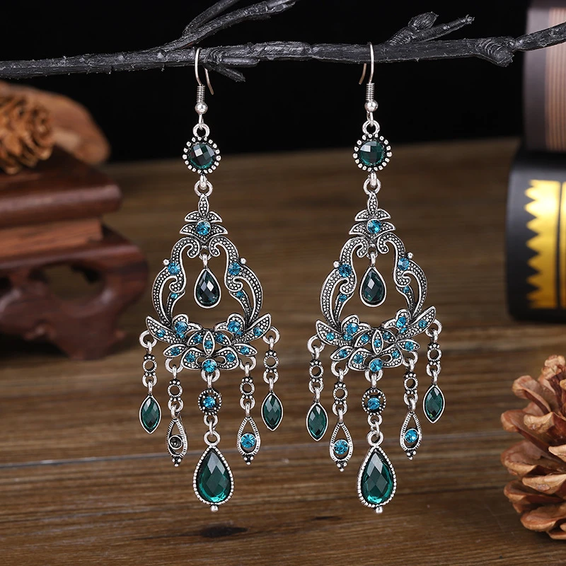 Pendientes de lágrima de cristal turquesa vintage con forma de lágrima para mujer