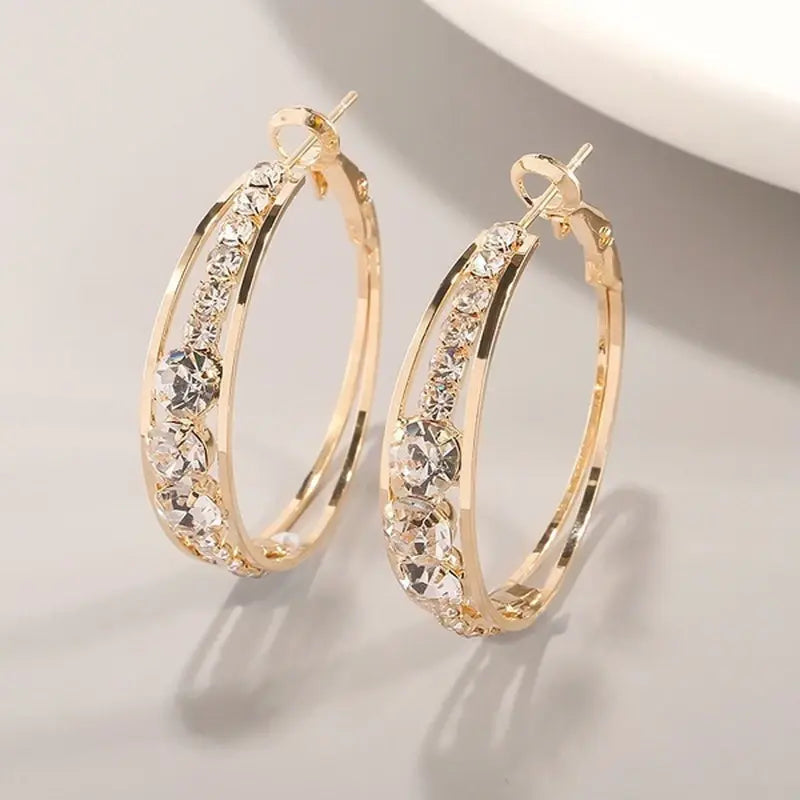 Pendientes de aro con diamantes de imitación brillantes y doble montura para mujer
