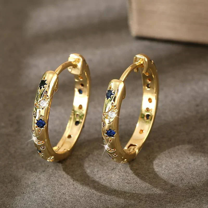 Pendientes de aro brillantes con estrellas y lunas crecientes para mujer