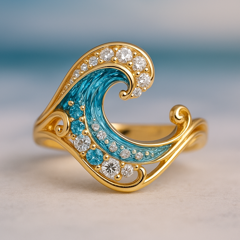 Anillo con ola azul brillante