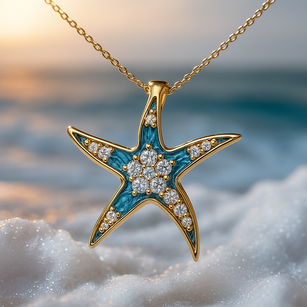 Collar de estrella de mar turquesa con circonitas brillantes