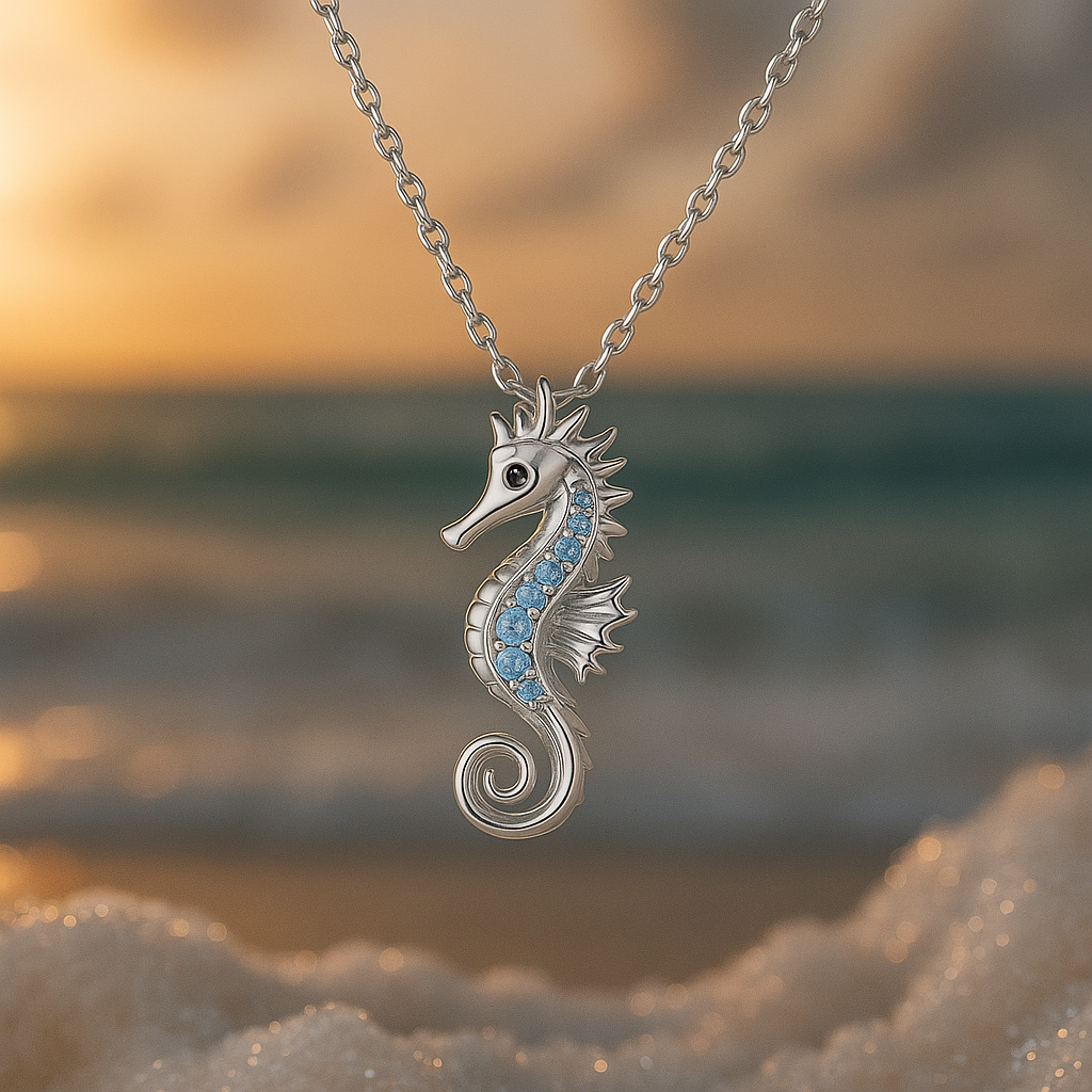 Collar de caballito de mar oceánico con brillantes piedras azules