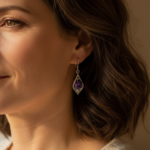Pendientes de cristal violeta brillante con un elegante diseño de lágrima