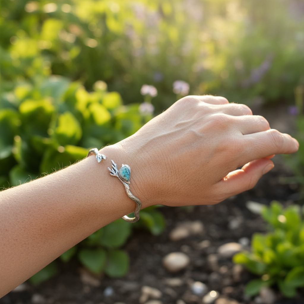 Brazalete con diseño de pájaro en rama turquesa y acabado antiguo