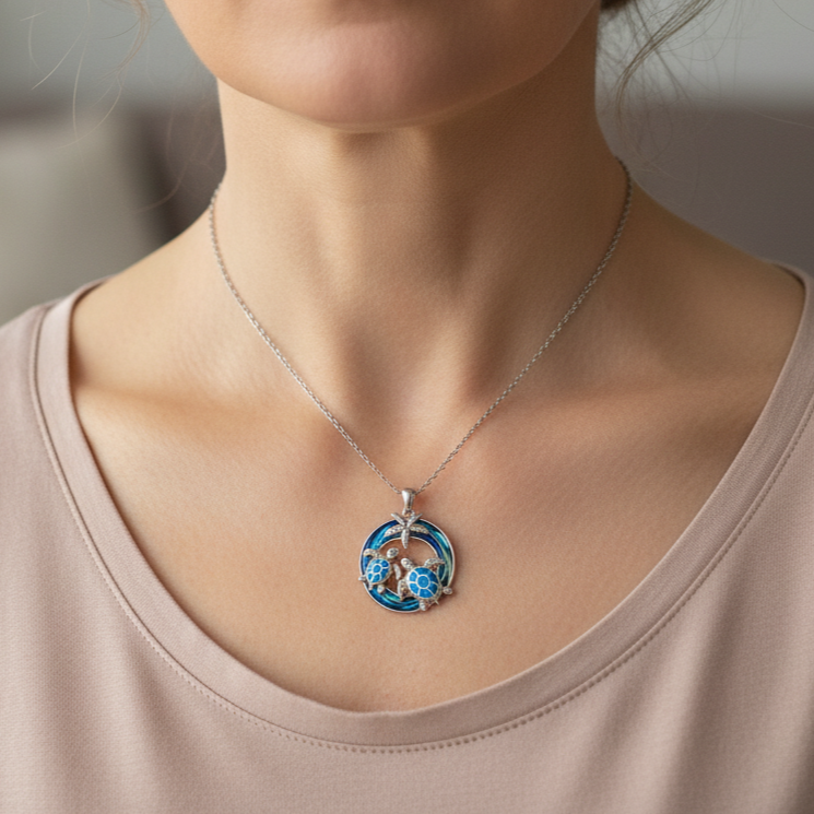 Collar de tortuga de ópalo con motivo de palmera en un círculo oceánico