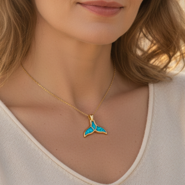 Collar de cola de delfín con ópalo azul océano para mujer