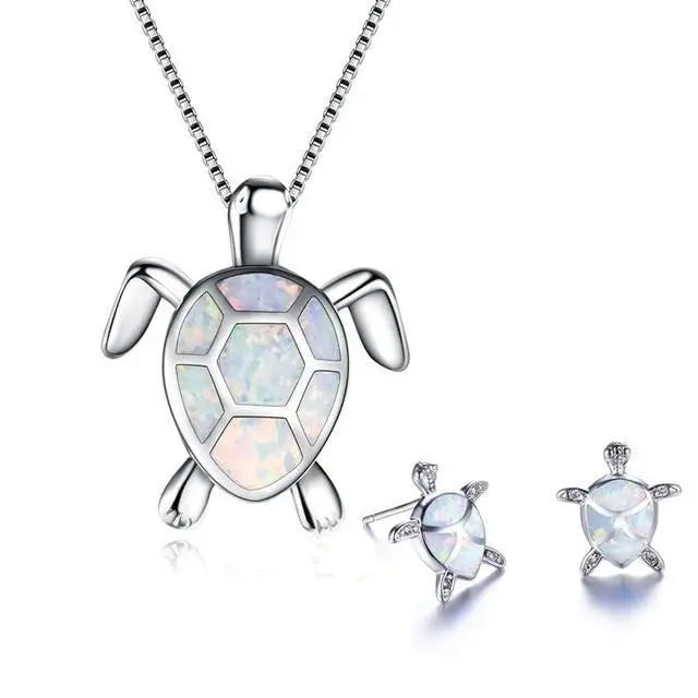 Conjunto de joyas de tortuga de ópalo con collar estilo mar y pendientes