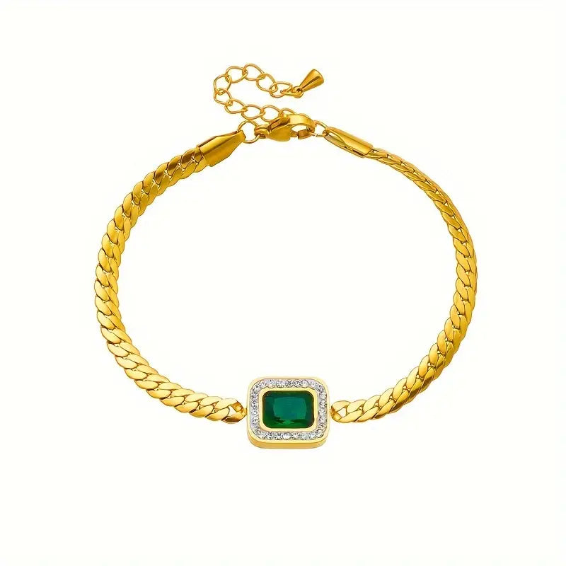 Elegante pulsera de cadena de serpiente con brillantes circonitas verde esmeralda
