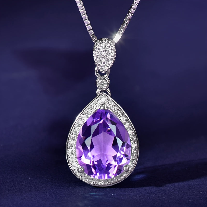 Collar con colgante de lágrima de amatista morada y circonitas