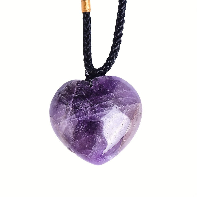 Collar de corazón de amatista natural con cuerda ajustable y colgante de piedras preciosas