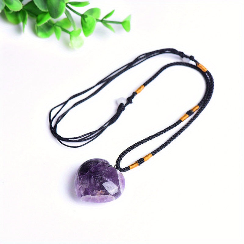 Collar de corazón de amatista natural con cuerda ajustable y colgante de piedras preciosas
