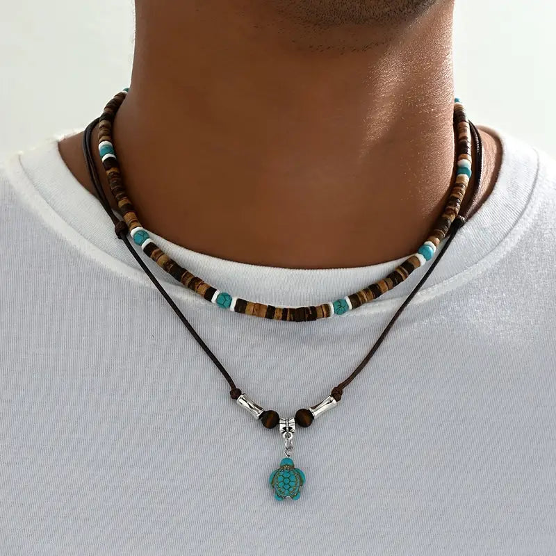 Collar de hombre con cuentas de coco, turquesa y piedra ojo de tigre