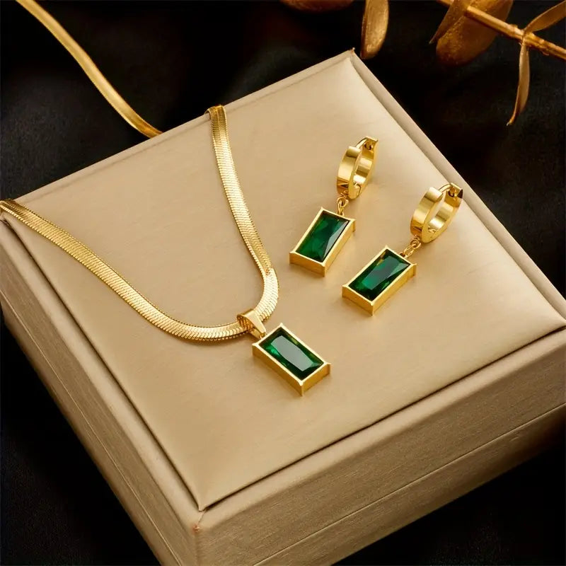 Elegante conjunto de joyería verde esmeralda: colgante rectangular y pendientes a juego