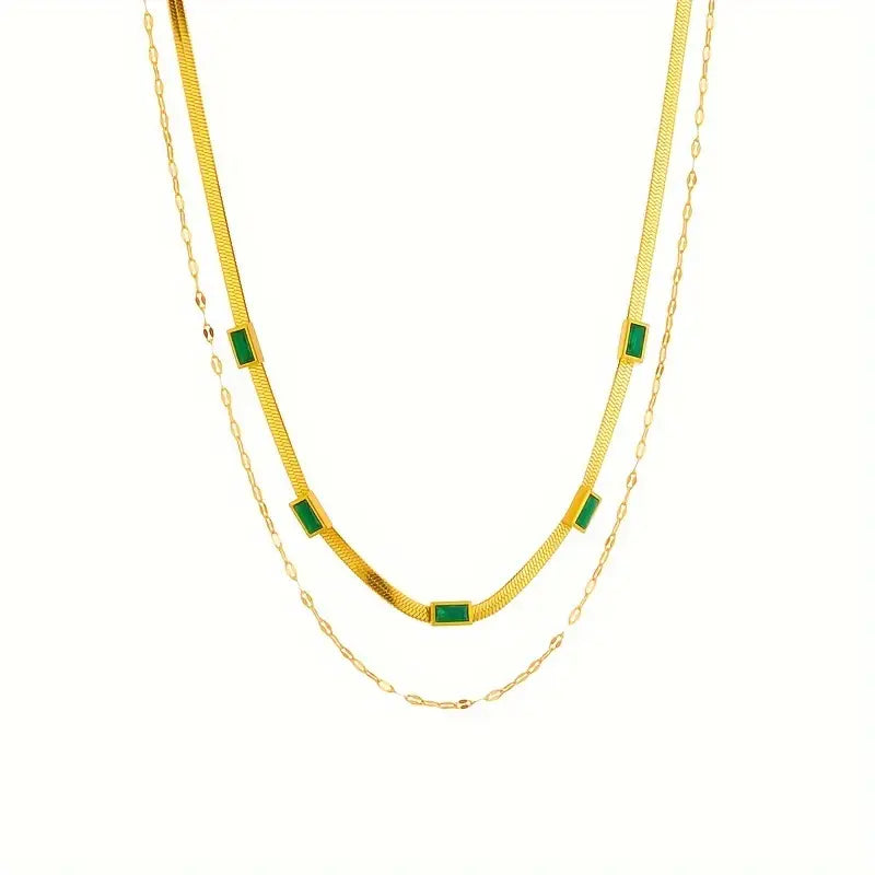 Collar Doble con Cadenas de Serpiente y Pedrería Verde