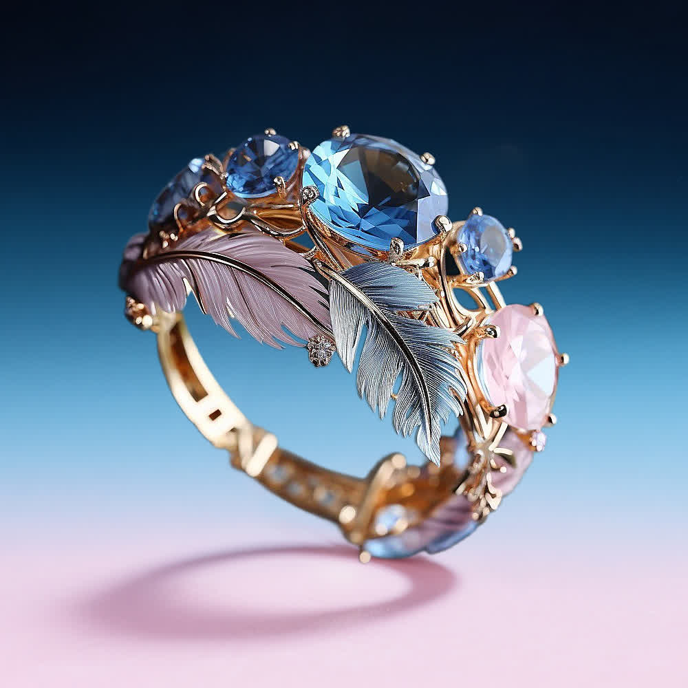 Anillo Vintage con Cristales y Plumas Exóticas
