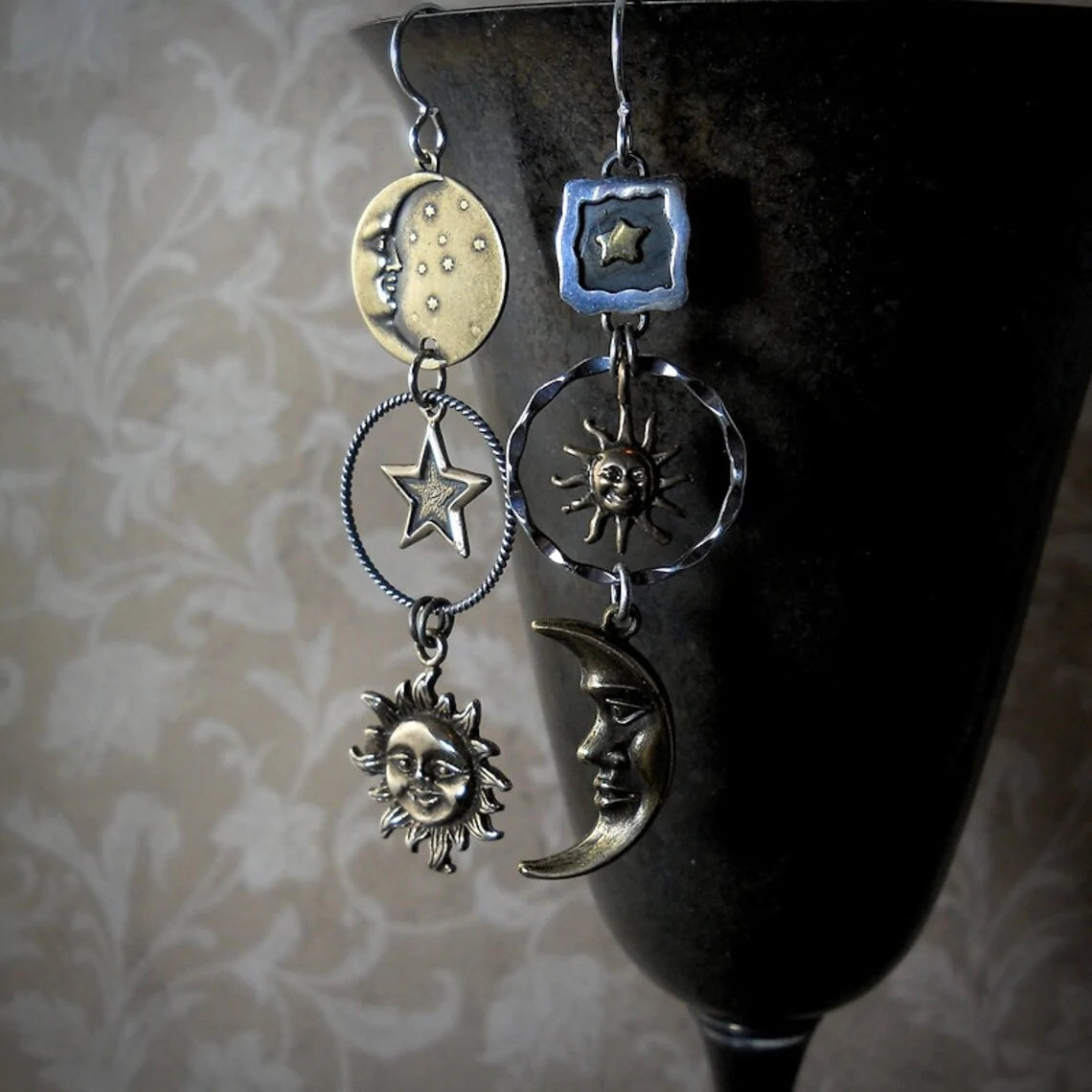 Pendientes colgantes de bronce antiguo sol luna estrella