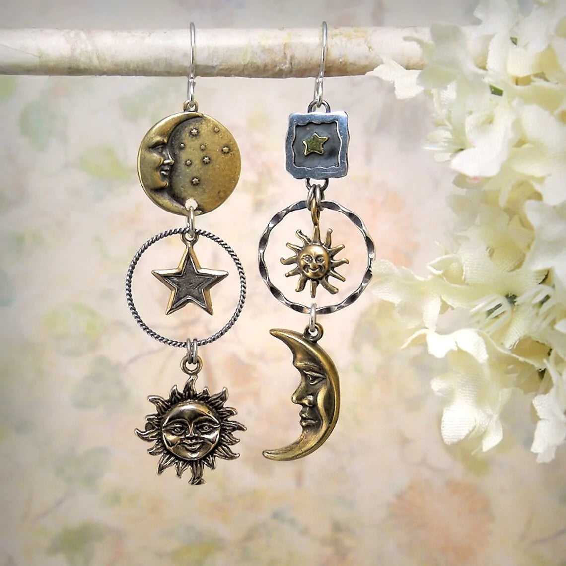 Pendientes colgantes de bronce antiguo sol luna estrella
