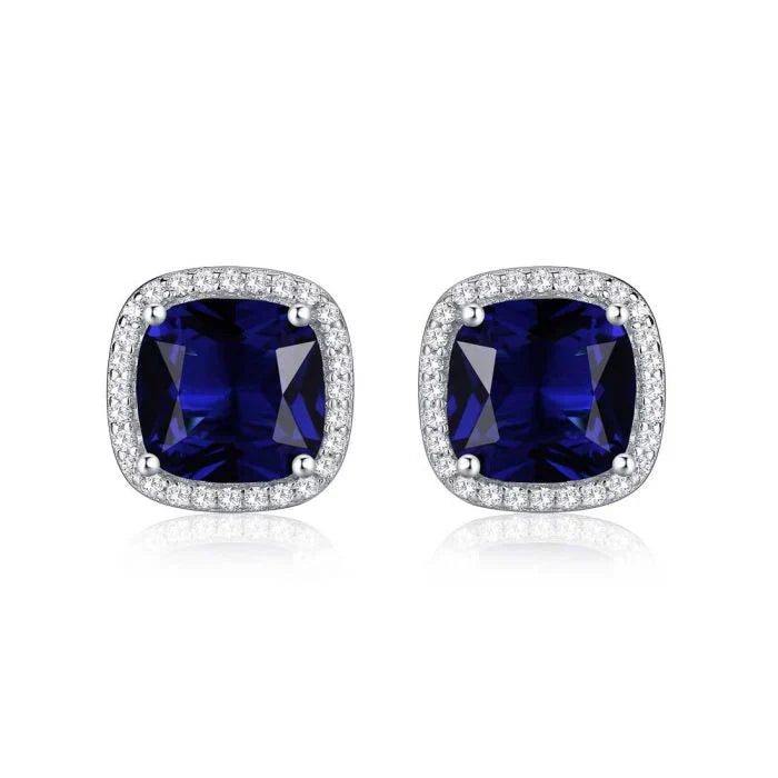 Elegantes pendientes de zafiro con halo de circonita cúbica de talla cojín