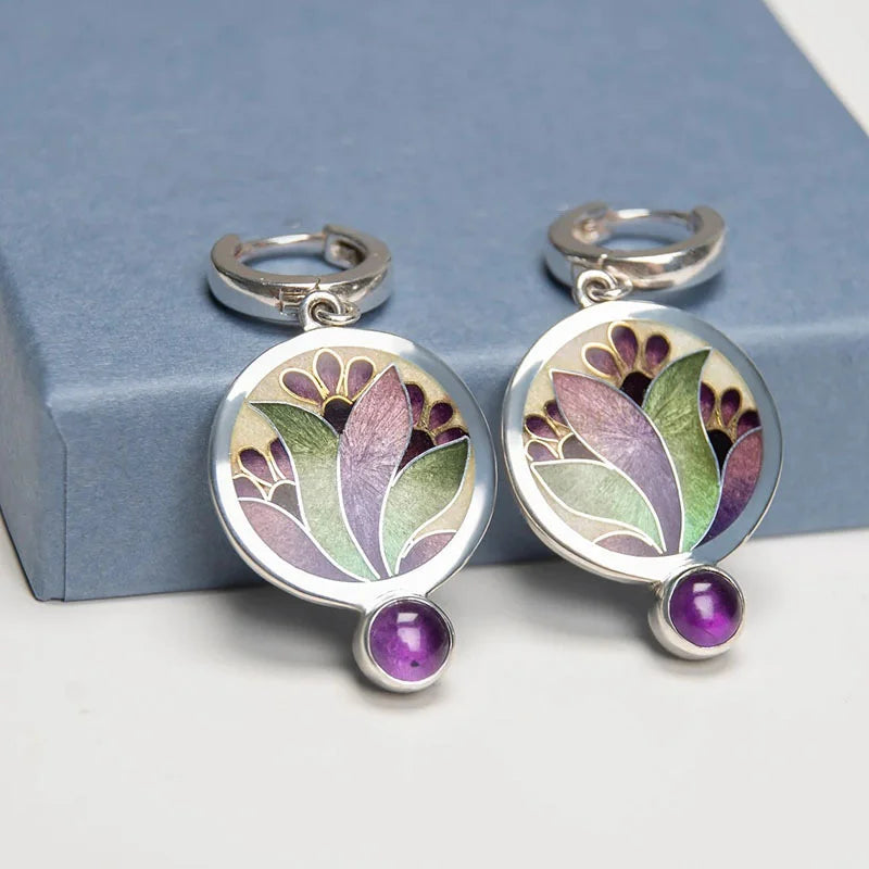 Pendientes Boho Cristal Esmaltado Morado con Piedras Preciosas Amatista