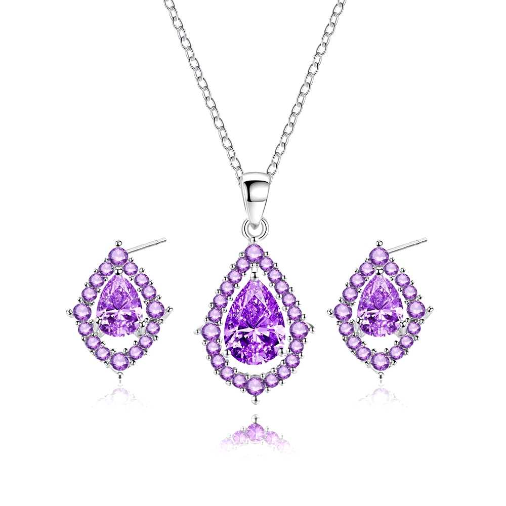Elegante conjunto de joyas en forma de lágrima de amatista morada con collar y pendientes