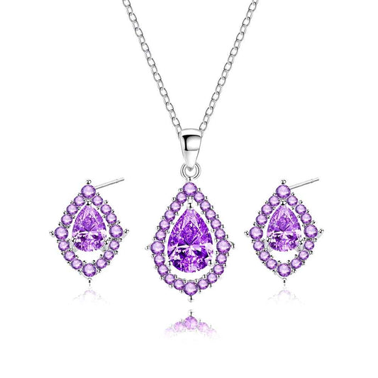 Elegante conjunto de joyas en forma de lágrima de amatista morada con collar y pendientes