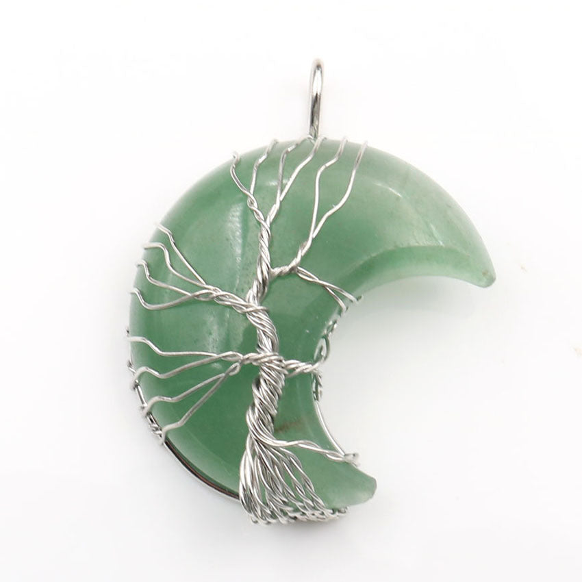 Colgante de piedra curativa del árbol de la vida en forma de luna con cadena