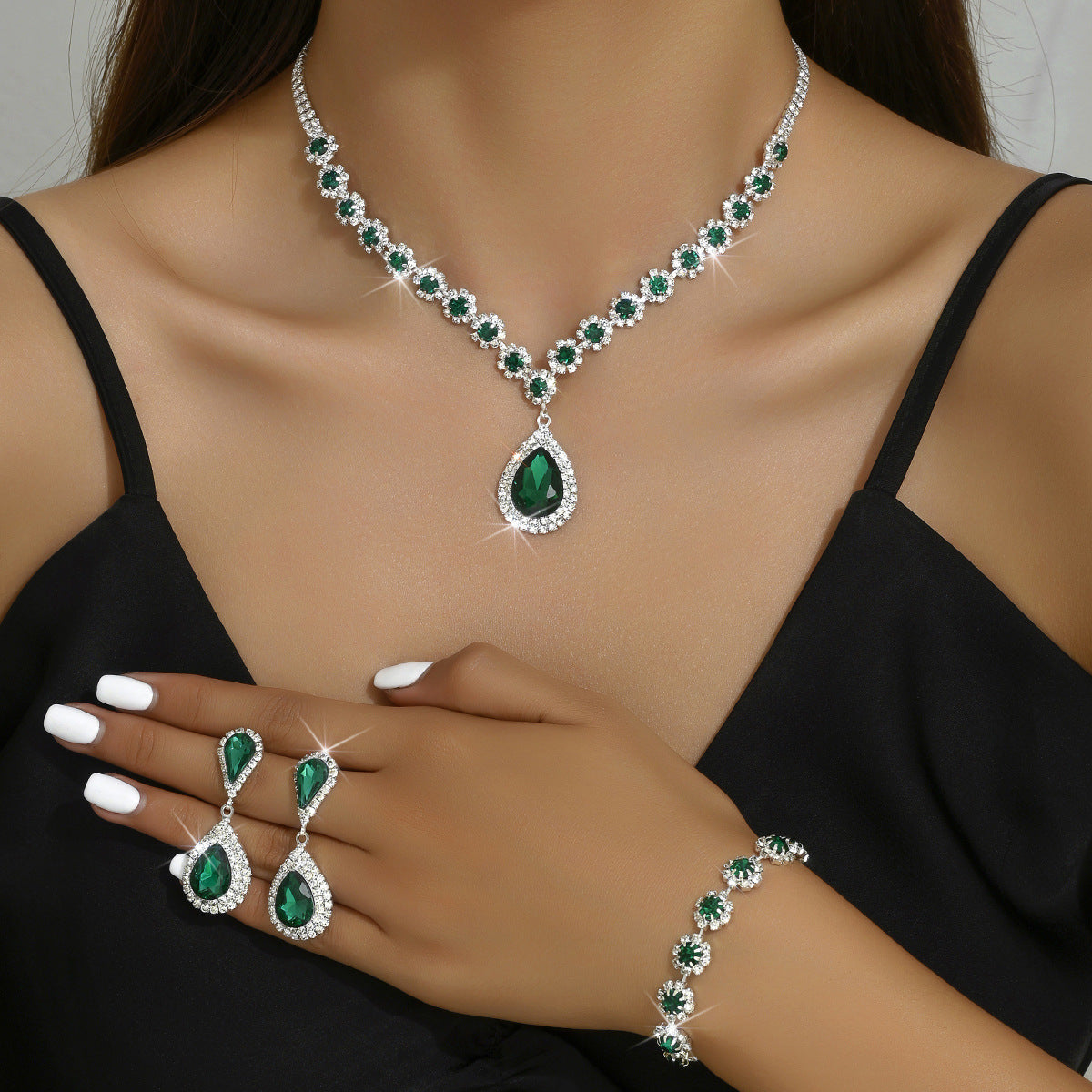 Elegante conjunto de joyería nupcial con diamantes de imitación y colgante en forma de lágrima para bodas y fiestas