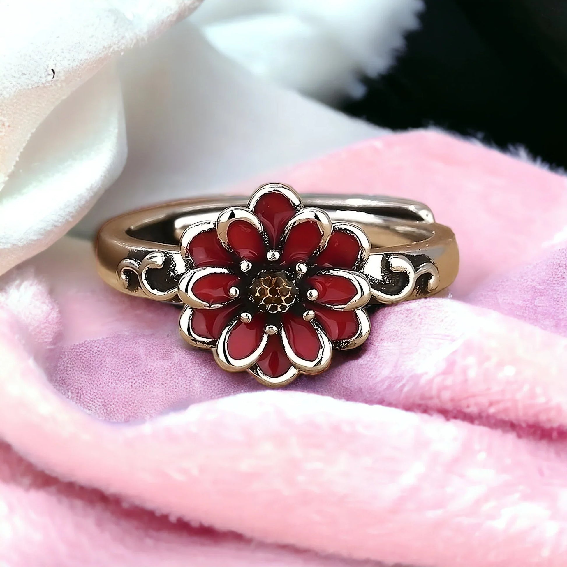 Anillo Cristina combinación flor roja margarita lateral - Sparkano